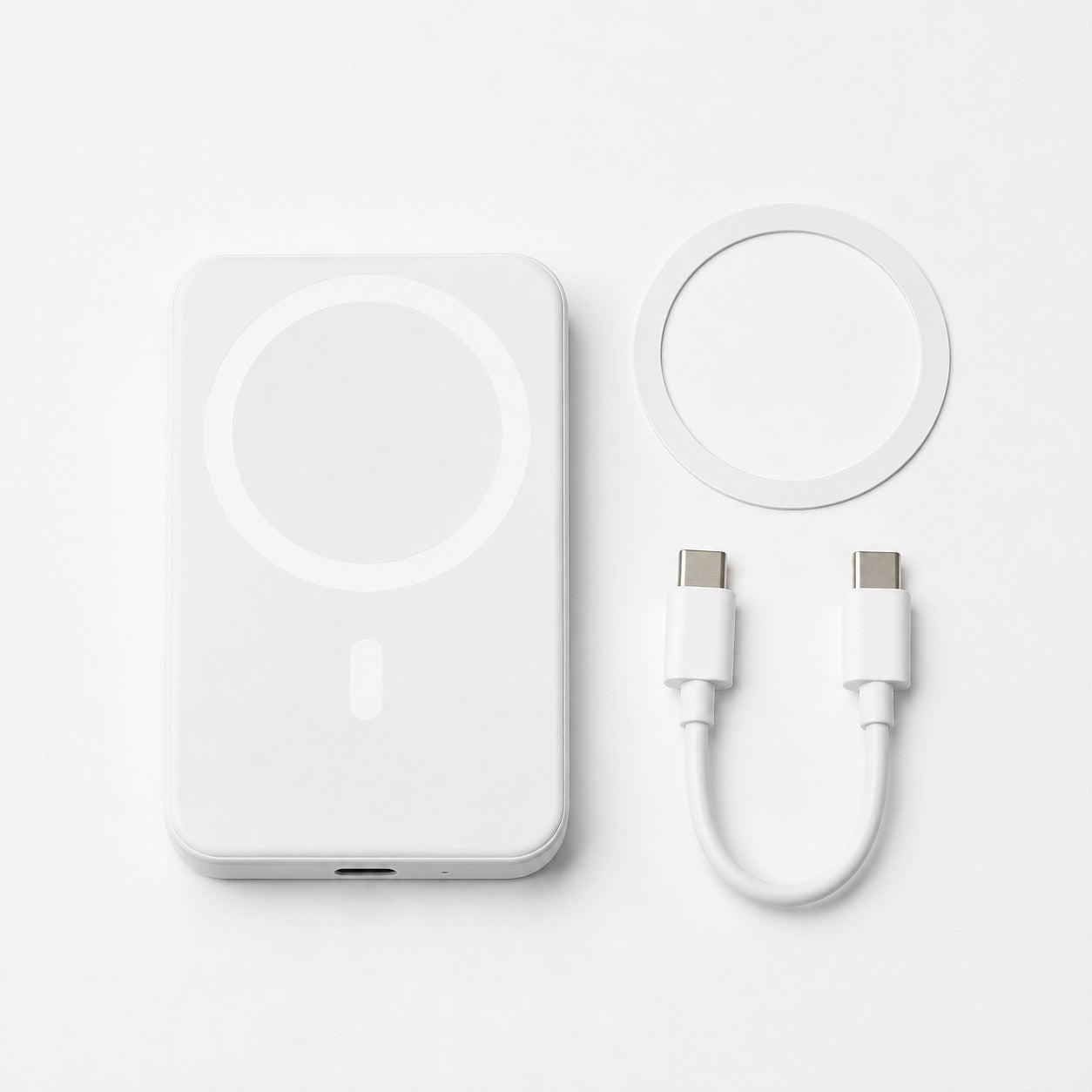 Pomence™ Magnetic Wireless Power Bank. Pomence power bank, magnetic retention ring, and USB-C cable