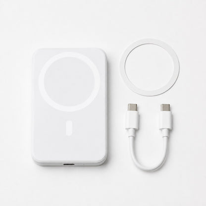 Pomence™ Magnetic Wireless Power Bank. Pomence power bank, magnetic retention ring, and USB-C cable