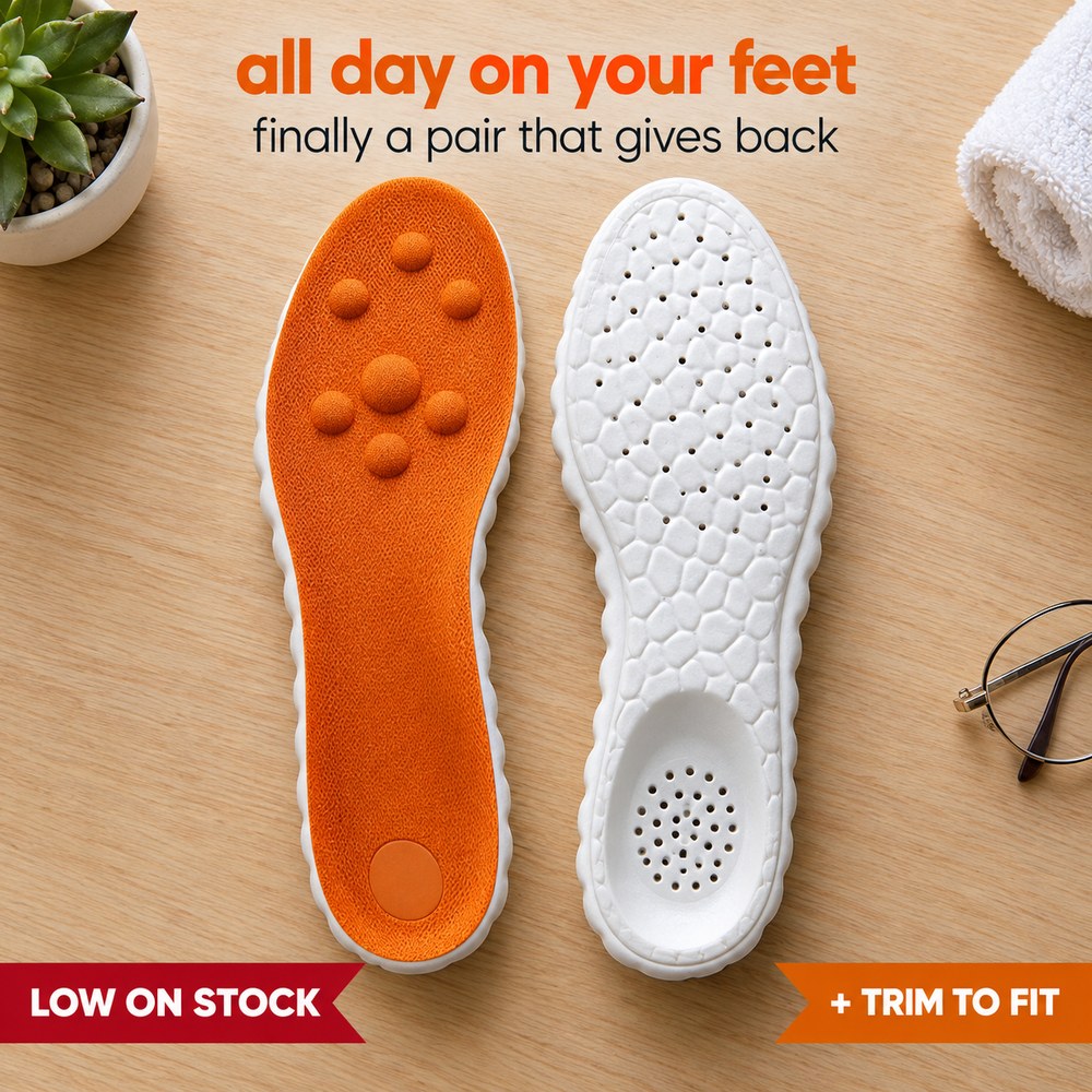 A pair of Pomence Massage Insoles, one showing the orange knit deck with its seven raised massage nodes and one showing the white cobblestone foam base
