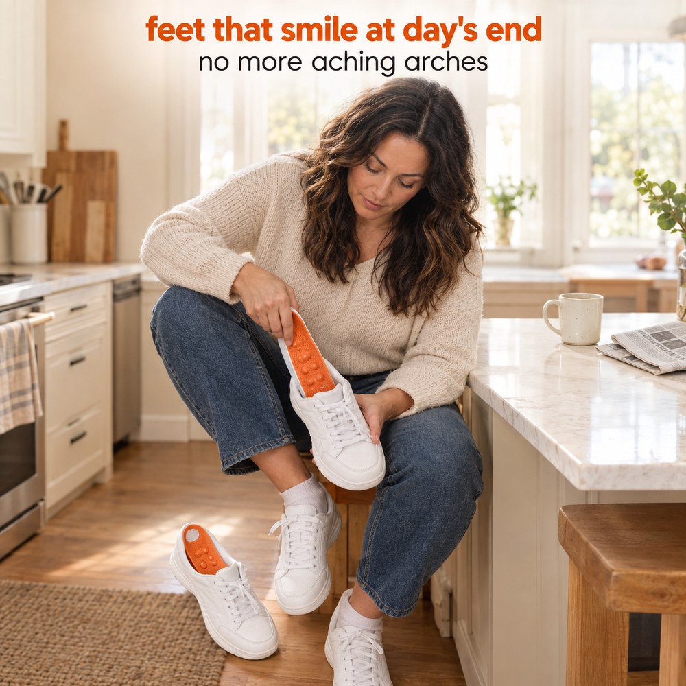 A person on their feet all day standing comfortably in trainers fitted with Pomence Massage Insoles