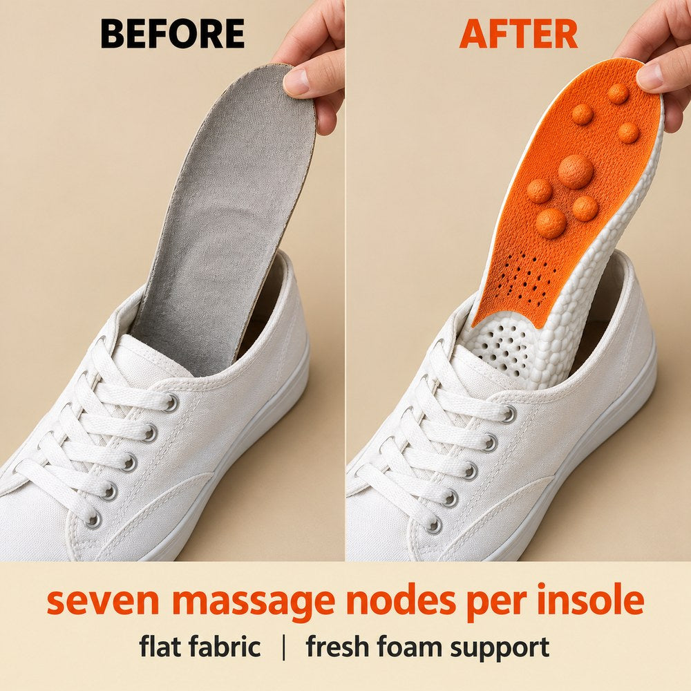 The thin flat insole that came with a shoe beside a Pomence Massage Insole, showing the difference in cushion