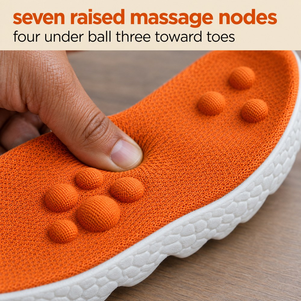 Macro view of the seven raised massage nodes on the knit deck of the Pomence Massage Insoles