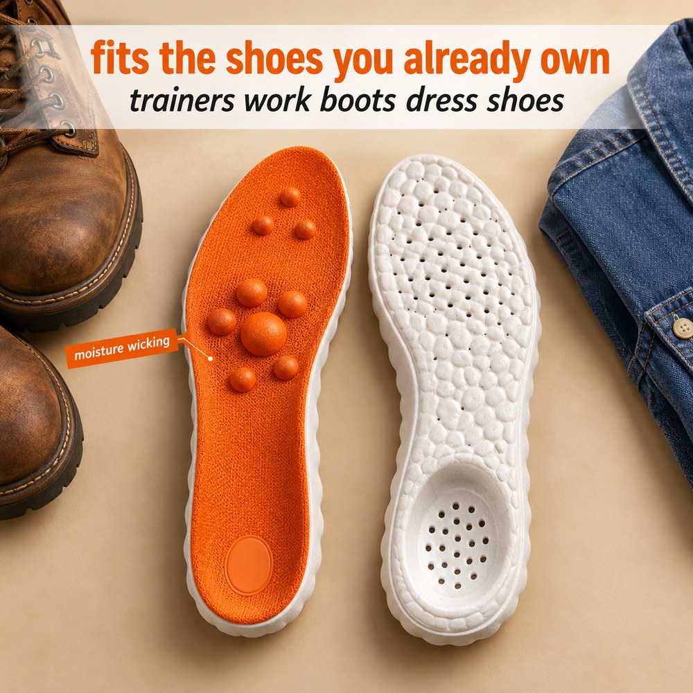 Pomence Massage Insoles going into a work boot, a trainer and a dress shoe