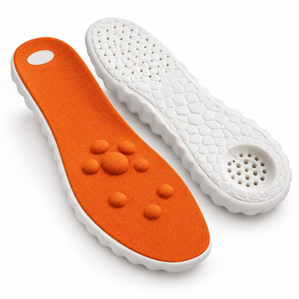 A clean packshot of a pair of Pomence Massage Insoles on a plain background, deck up and base up