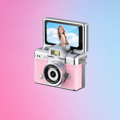 The pink Pomence Mini Keychain Camera with its screen flipped up