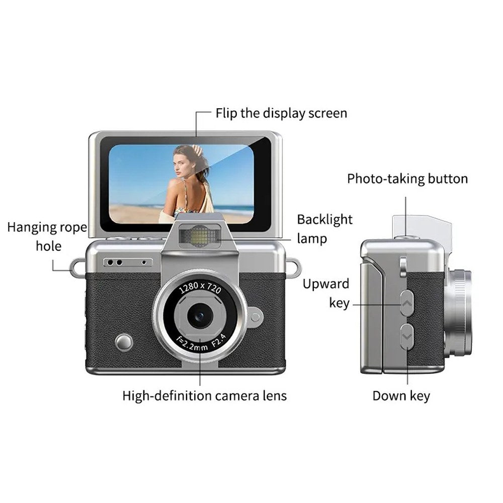 Diagram of the Pomence Mini Keychain Camera: flip screen, light, photo button, up and down keys, clasp hole, lens