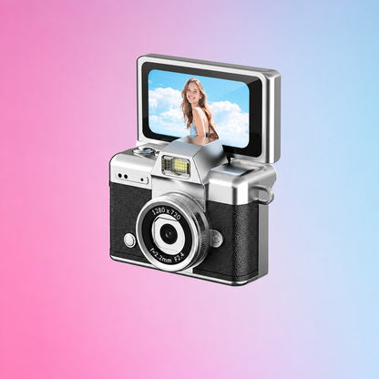 The black Pomence Mini Keychain Camera with its screen flipped up