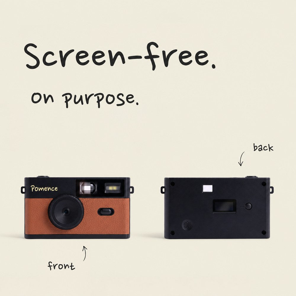The Pomence Mini Retro Camera front and back, screen-free on purpose