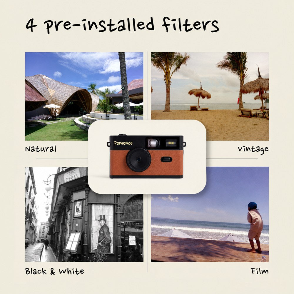 Four pre-installed filters: Natural, Vintage, Black and White, Film, around the Pomence Mini Retro Camera