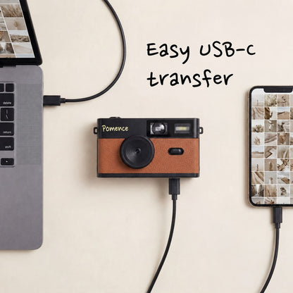 Easy USB-C transfer: the Pomence Mini Retro Camera cabled to a laptop with a phone photo grid beside it