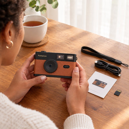 The Pomence Mini Retro Camera in hand at a table with its wrist strap, USB-C cable, quick start card and SD card