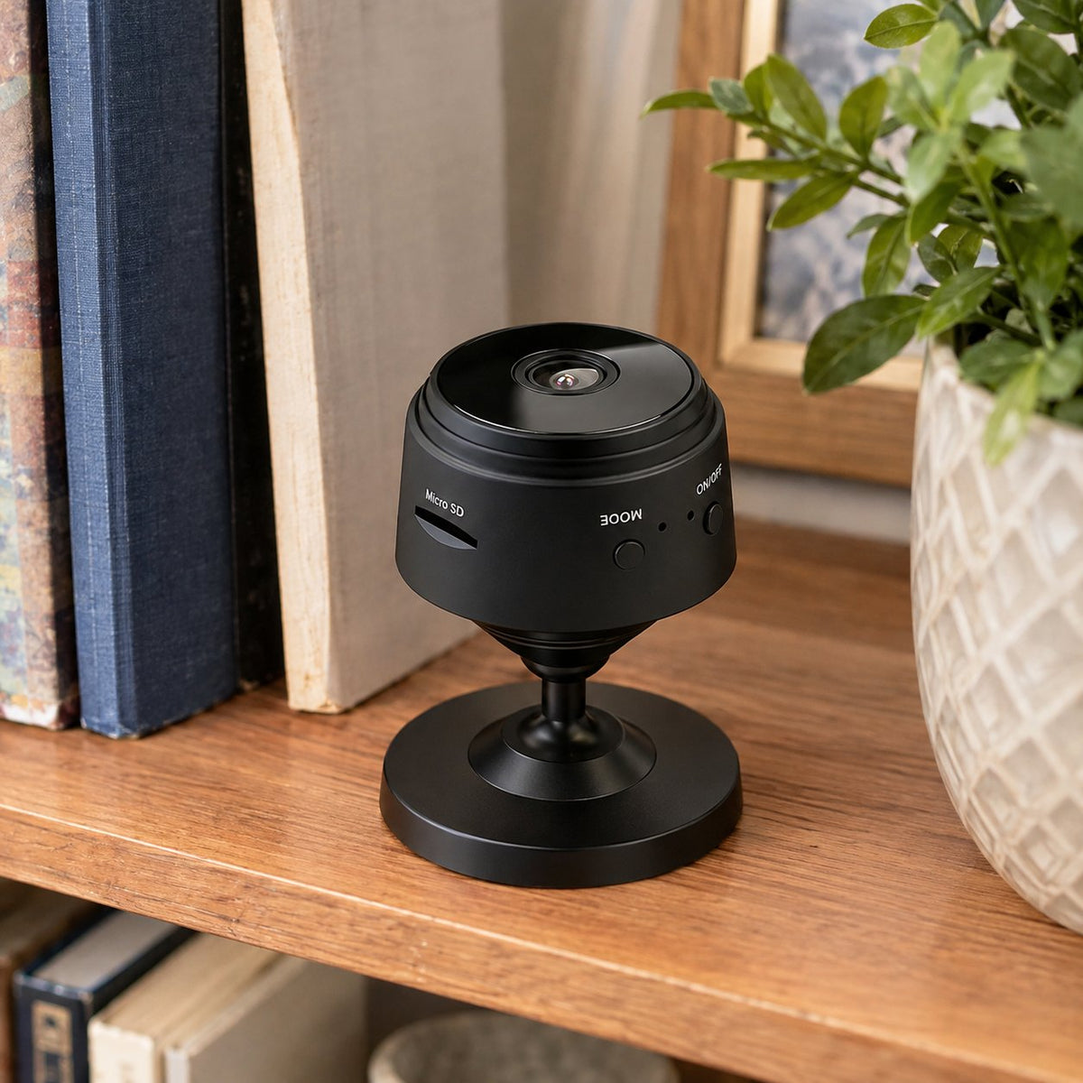 Pomence Mini WiFi Security Camera resting on a bookshelf, blending into a living room