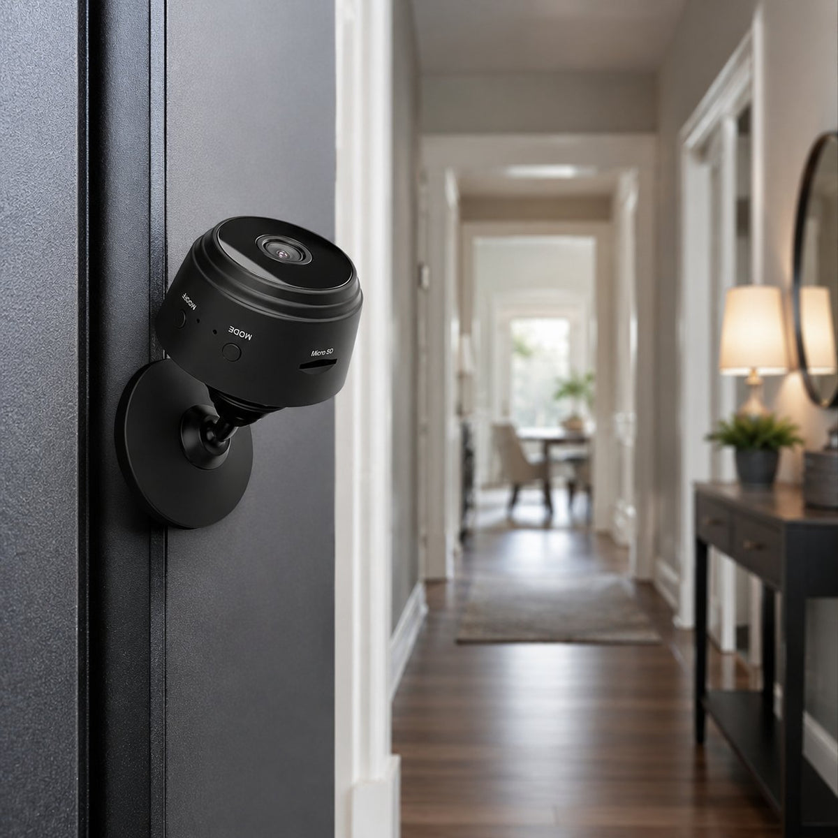 Pomence Mini WiFi Security Camera attached near a front door with its magnetic mount