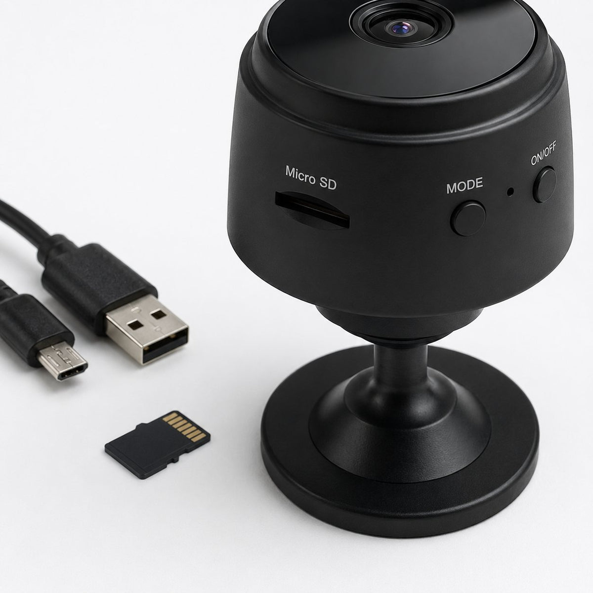 Close-up of the memory card slot and USB charging cable on the Pomence Mini WiFi Security Camera