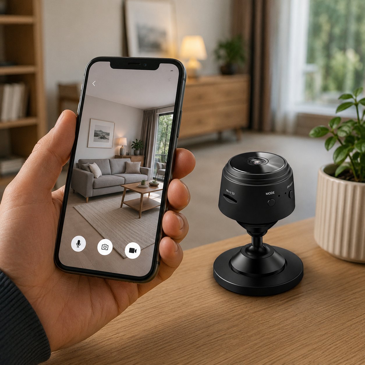 Checking the live view from the Pomence Mini WiFi Security Camera on a mobile phone