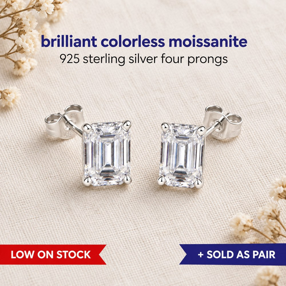 A pair of Pomence Moissanite Stud Earrings in the radiant cut, silver, shown flat with the headline overlay