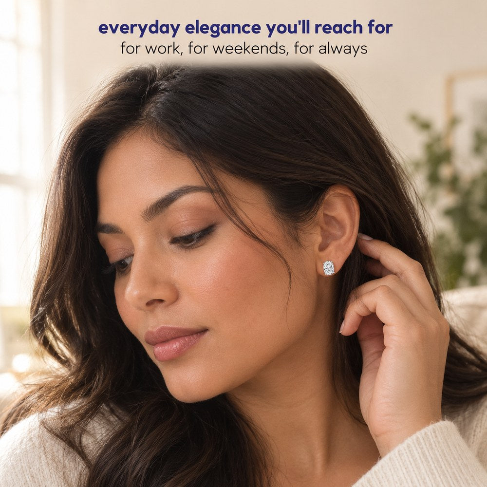A woman wearing a pair of Pomence Moissanite Stud Earrings, shown as a close crop of the ear and jawline in daylight