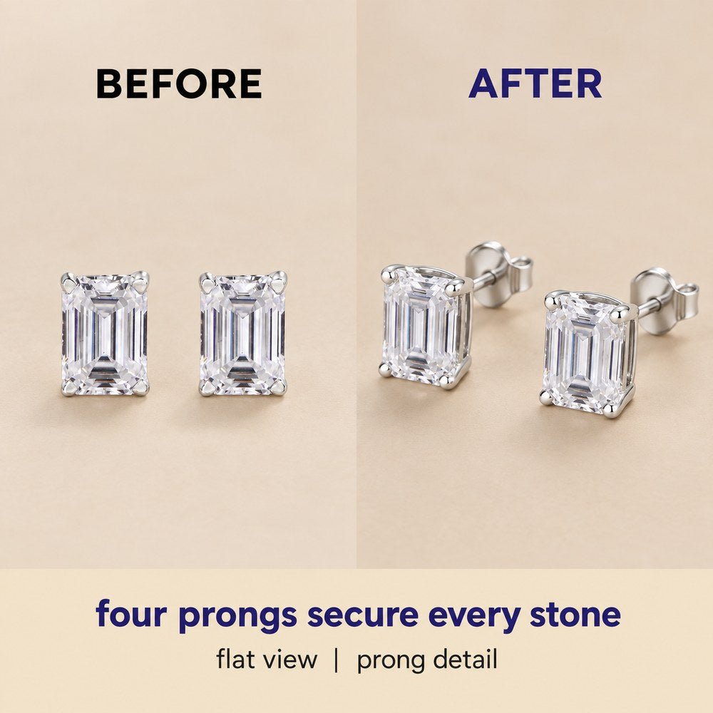 A dull worn-out stud earring beside a Pomence Moissanite Stud Earring, shown side by side