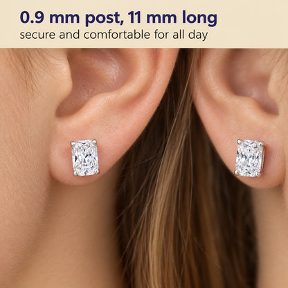 Macro detail of the four-prong basket and faceted moissanite stone on a Pomence stud earring, with the specification bar