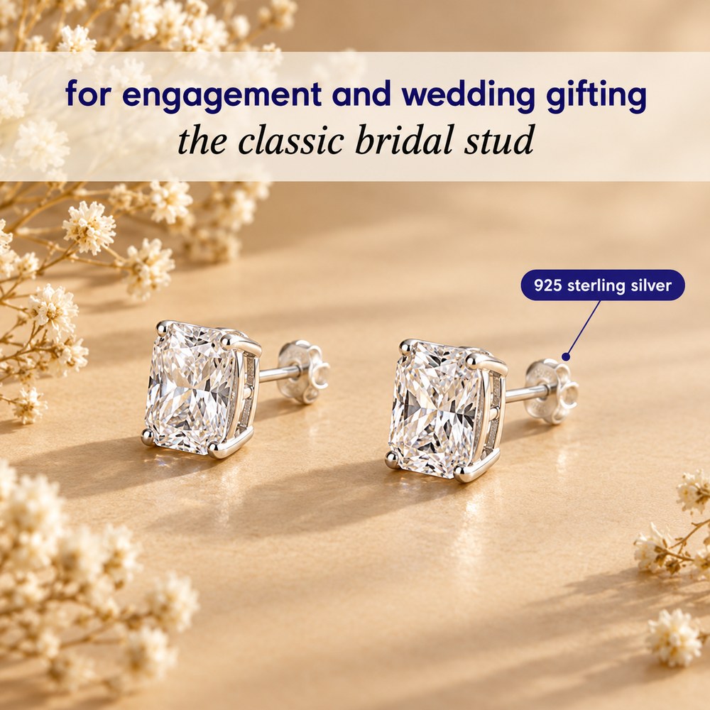 A pair of Pomence Moissanite Stud Earrings laid out for a wedding day, with the occasion callout