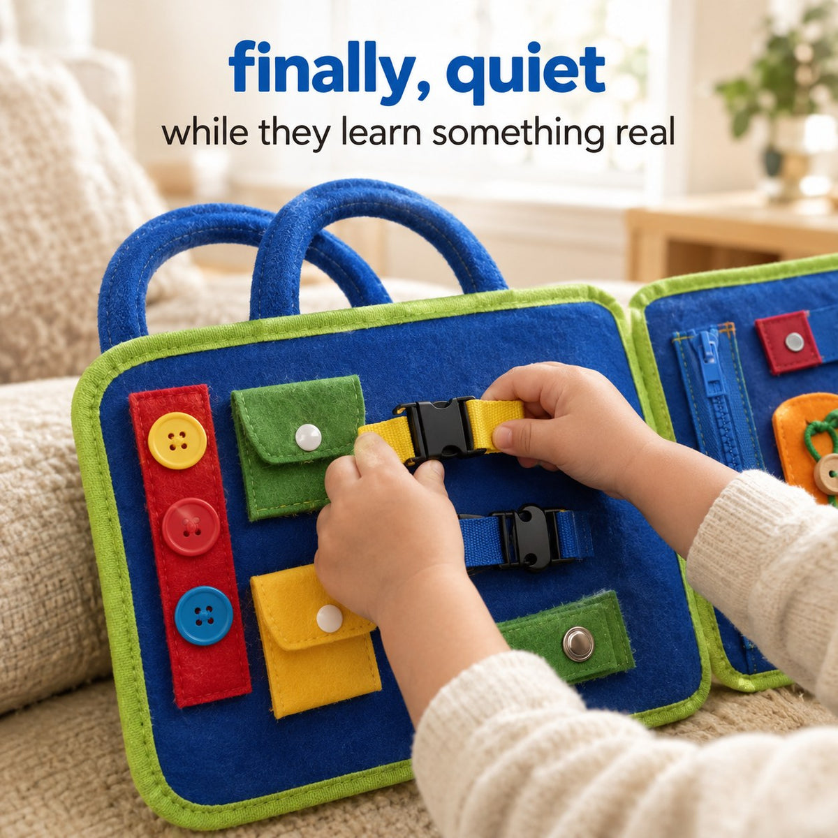 A small pair of hands working a side release buckle on an open felt page of the Pomence Montessori Busy Board in a warm living room