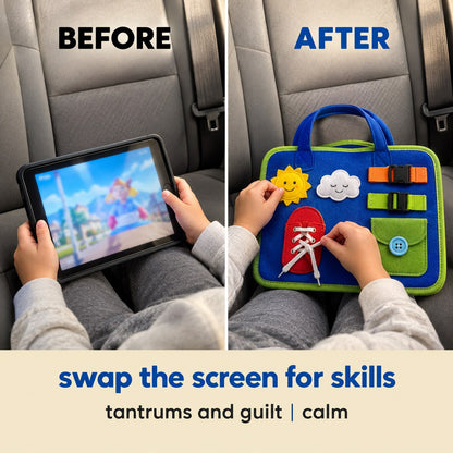 One car back seat shown twice side by side: small hands holding a glowing tablet on the left, the same hands working the Pomence Montessori Busy Board on the right
