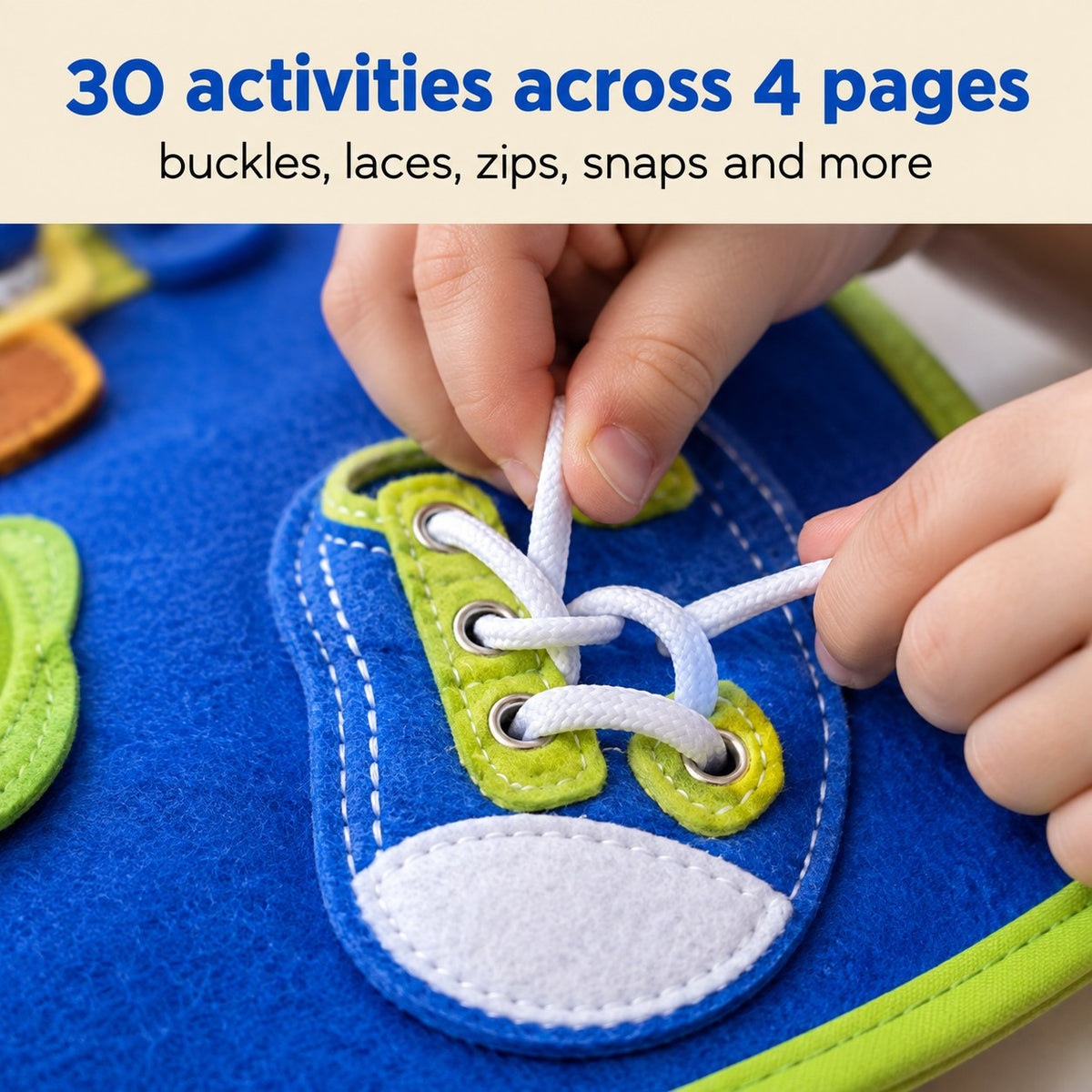 Macro of a small hand threading a shoelace through the felt shoe on a detachable page of the Pomence Montessori Busy Board