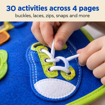 Macro of a small hand threading a shoelace through the felt shoe on a detachable page of the Pomence Montessori Busy Board