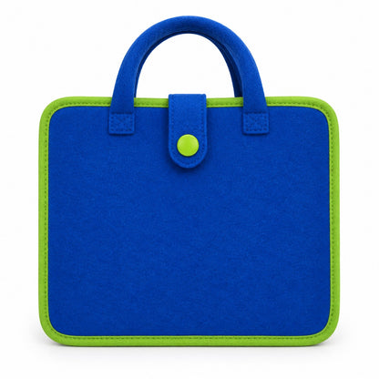 The Pomence Montessori Busy Board closed and front facing on a plain near-white background, its felt tab and button closure on the plain royal blue front panel