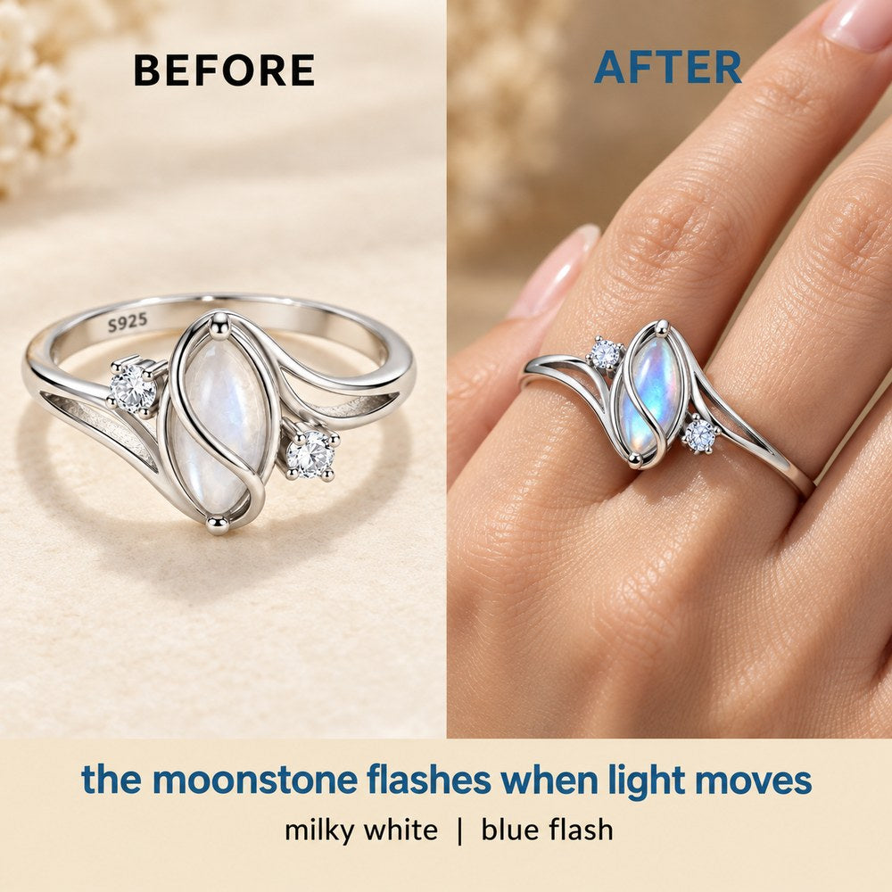 The Pomence Moonstone Ring side by side, milky white at rest on the left and flashing blue on a finger on the right