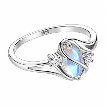 The Pomence Moonstone Ring alone on a plain white background, three quarter view with the S925 stamp on the band