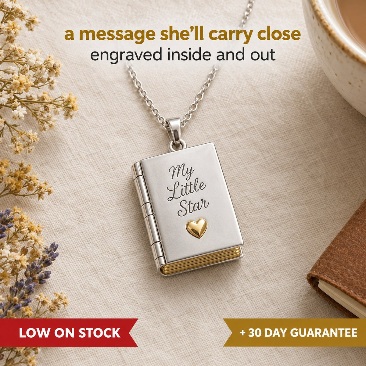 The Pomence My Little Star Book Locket Necklace laid flat with its chain, the cover engraving and the gilt page edges visible