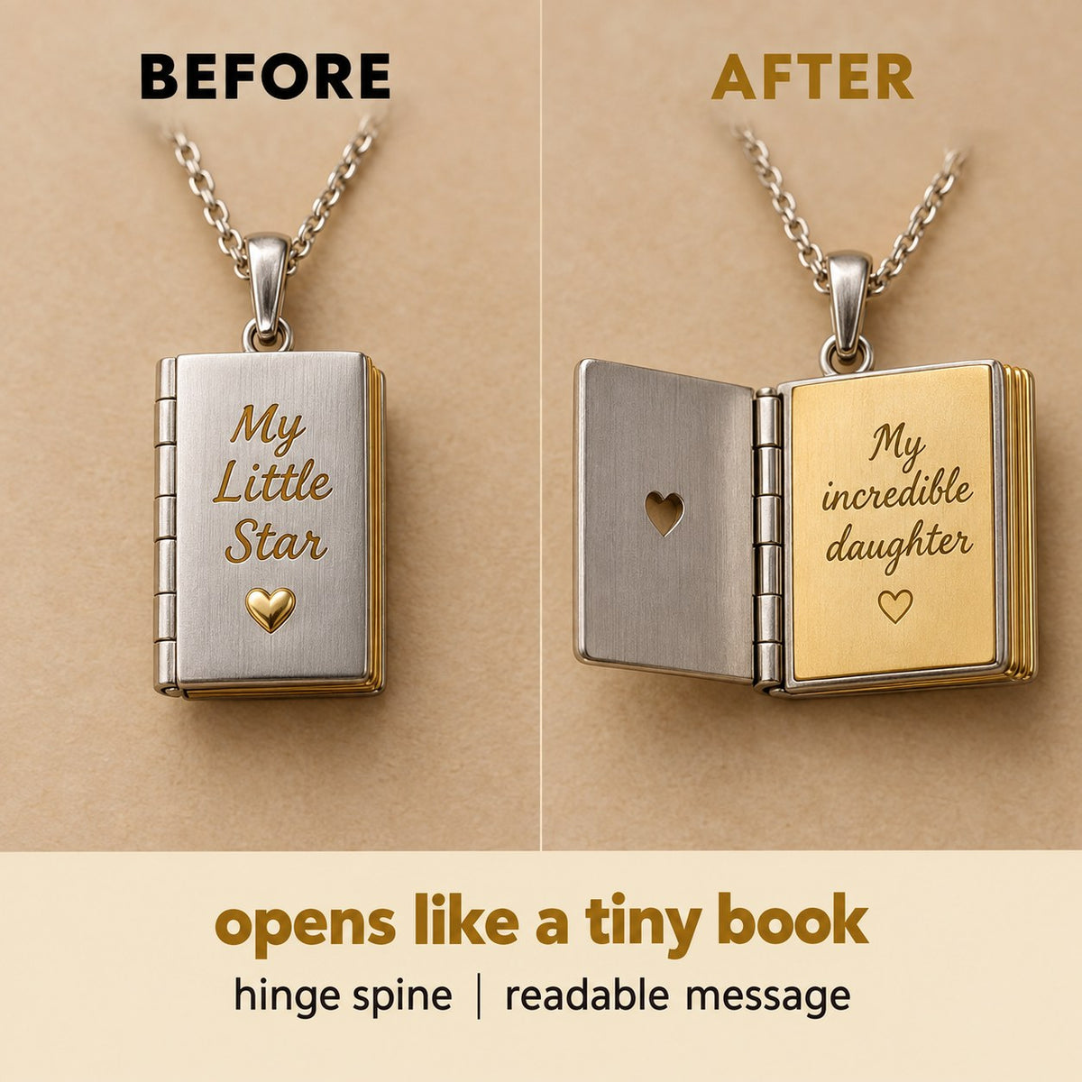 The Pomence My Little Star Book Locket Necklace shown closed beside the same pendant open, with the engraved pages readable
