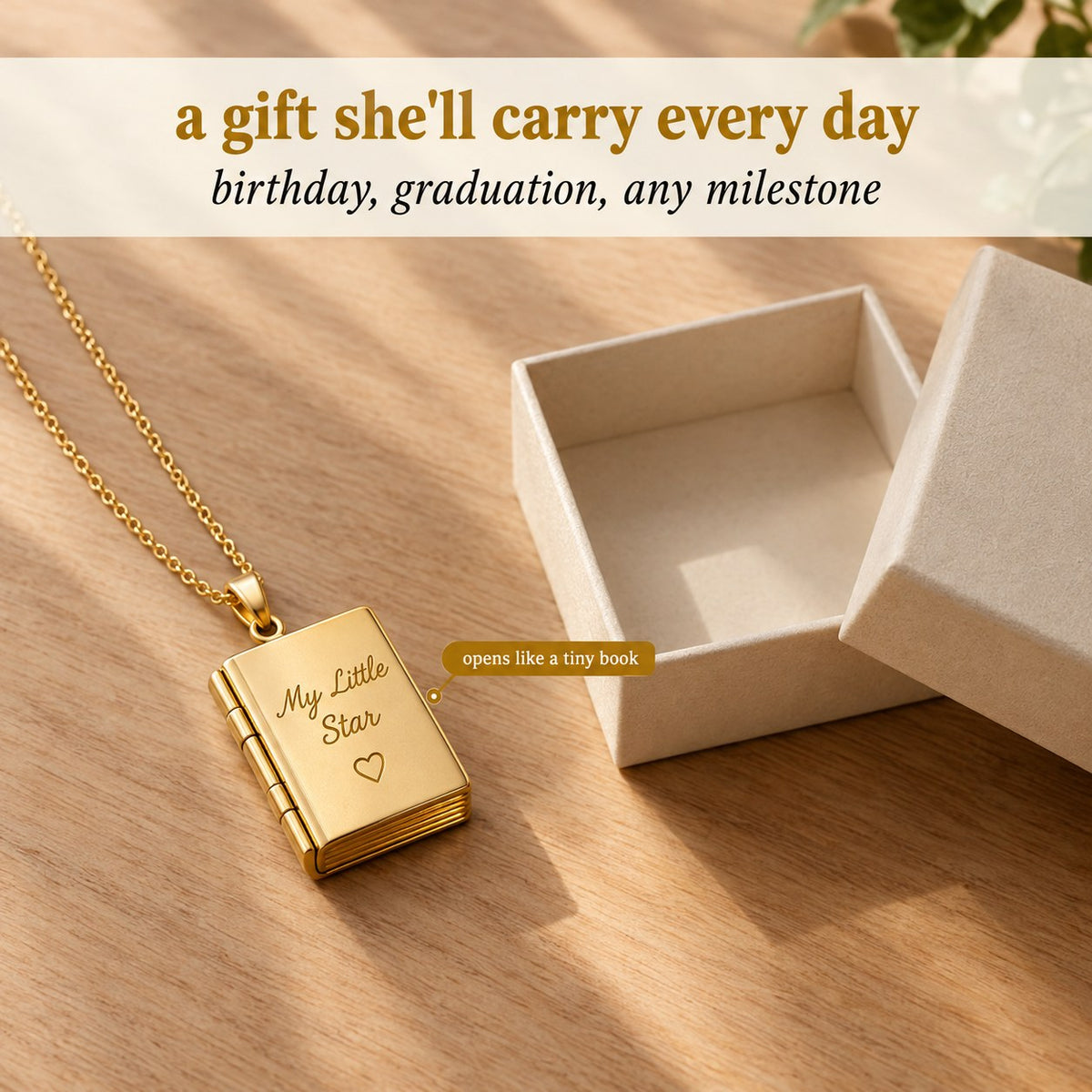 The Pomence My Little Star Book Locket Necklace staged on a warm beige background with dried flowers