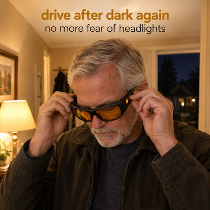 A man in his sixties putting the Pomence Night Driving Glasses on over his own prescription glasses