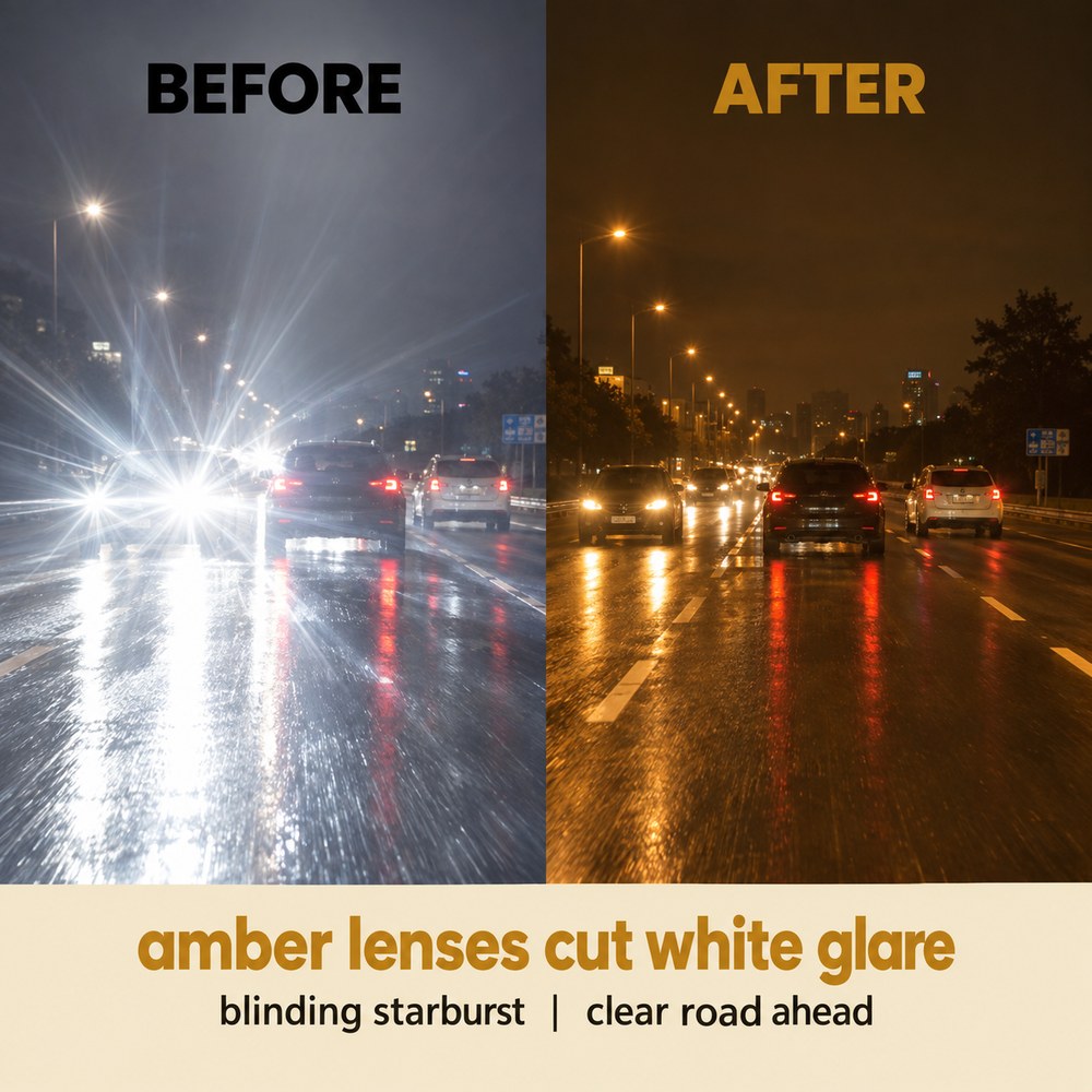 The same night road seen twice, white LED headlight starburst before and warm readable amber after