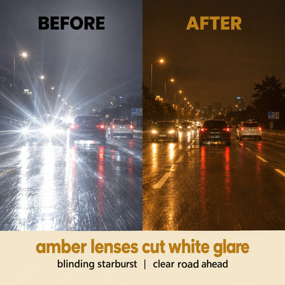 The same night road seen twice, white LED headlight starburst before and warm readable amber after