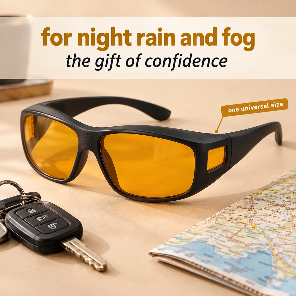 The Pomence Night Driving Glasses staged for night driving, rain and fog