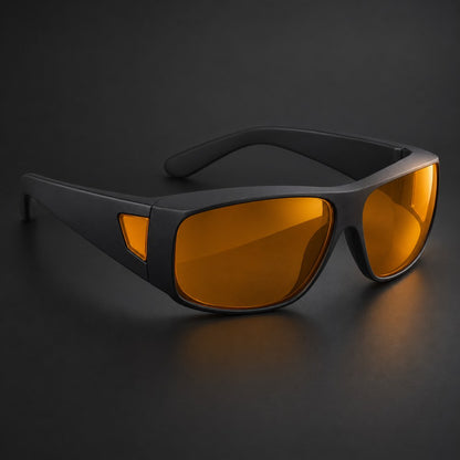 The Pomence Night Driving Glasses on a clean dark background, the amber side window visible on the near temple