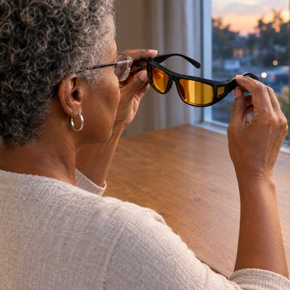 A woman at a table holding the Pomence Night Driving Glasses, about to put them on