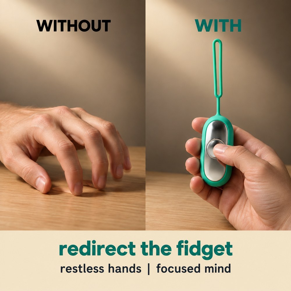 Without and with: a restless hand tapping a desk, then the same hand holding the Teal Palm Calm Fidget with a thumb on the button