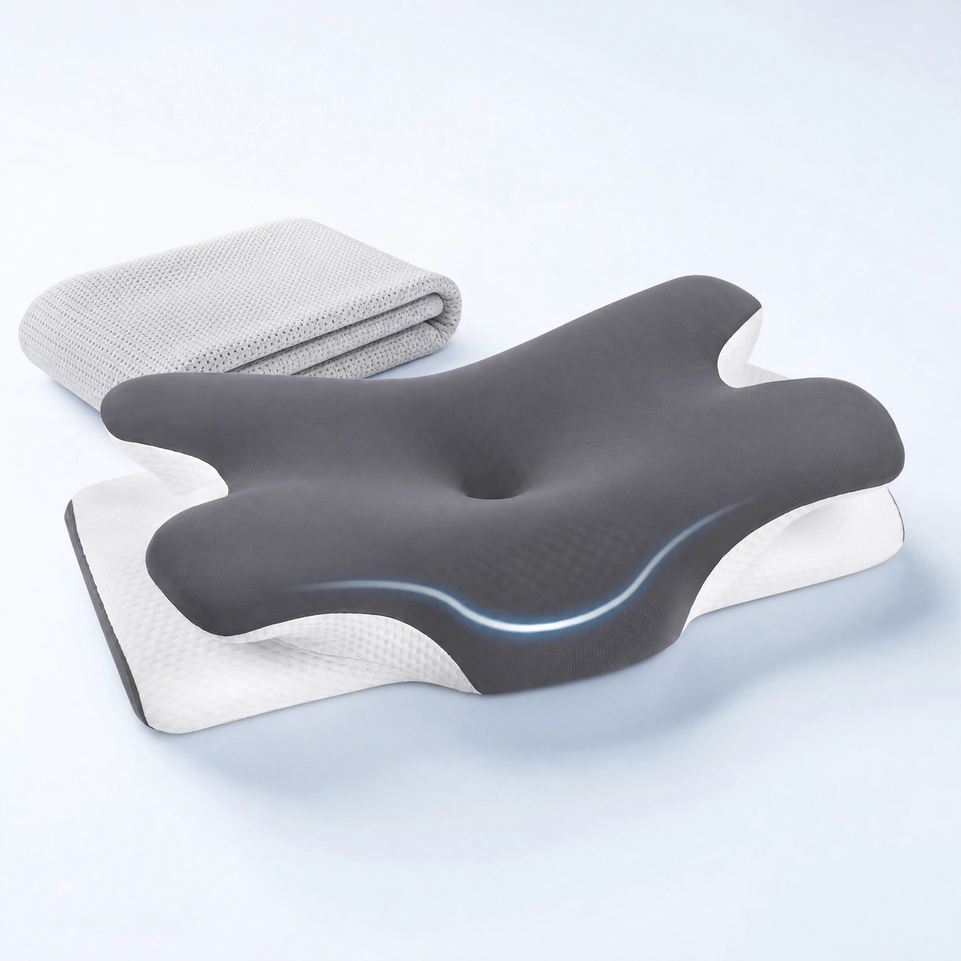 Pomence Memory Neck Pillow shown with its contoured memory foam core and knit cover