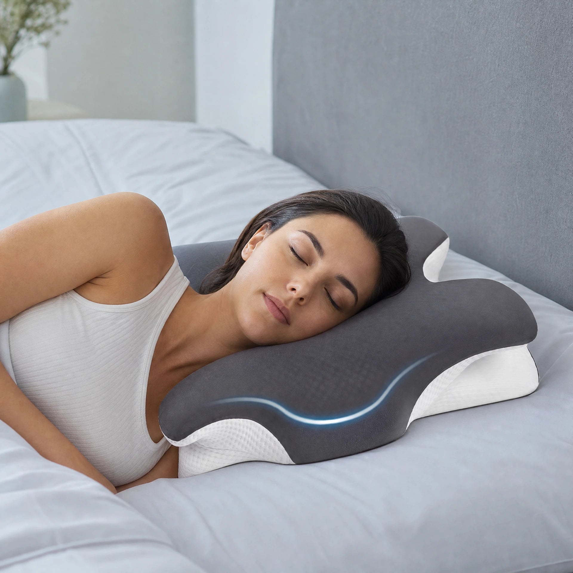 Pomence Memory Neck Pillow with raised side wing and shoulder recess labelled for side sleeping