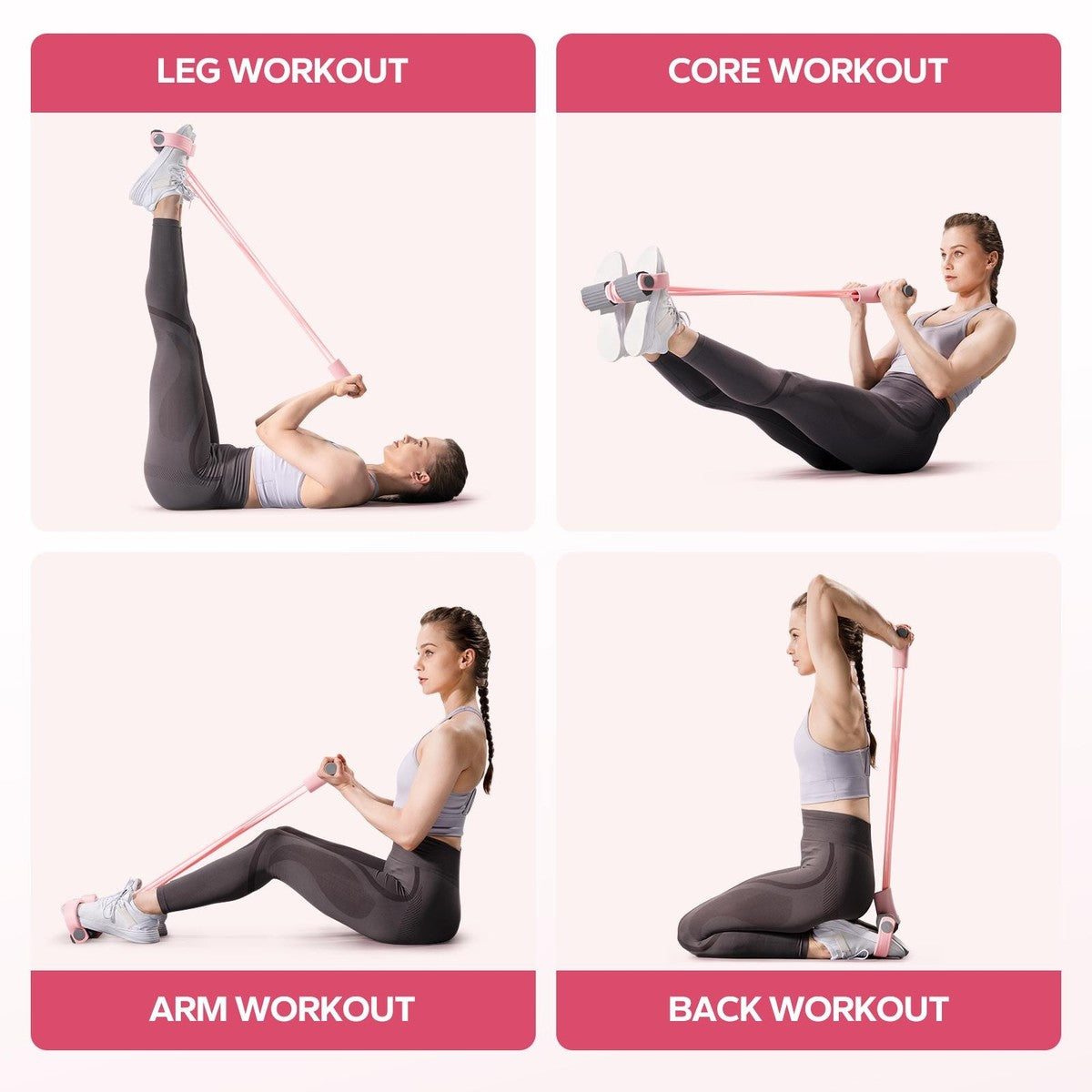 Four moves with the Pomence Pedal Resistance Band: leg workout, core workout, arm workout and back workout
