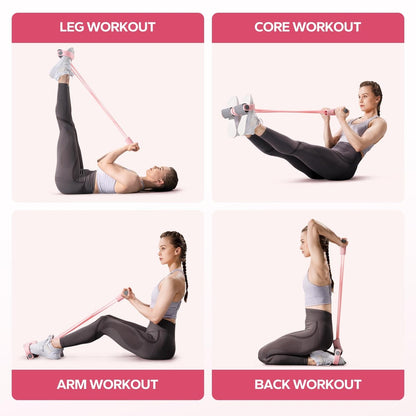 Four moves with the Pomence Pedal Resistance Band: leg workout, core workout, arm workout and back workout