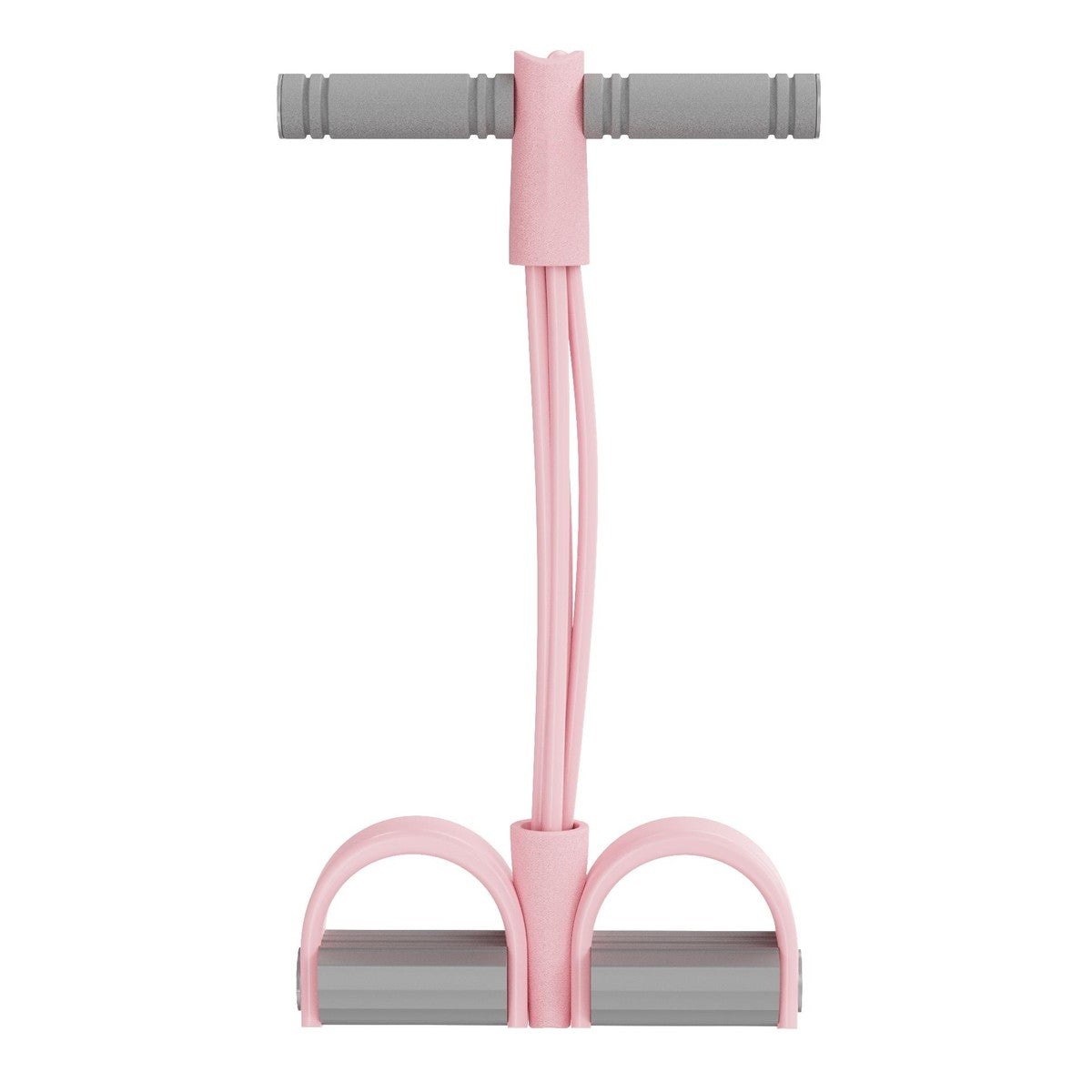 The pink Pomence Pedal Resistance Band standing upright: foam handle bar, elastic pull ropes and two foot pedals