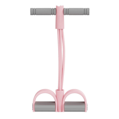 The pink Pomence Pedal Resistance Band standing upright: foam handle bar, elastic pull ropes and two foot pedals