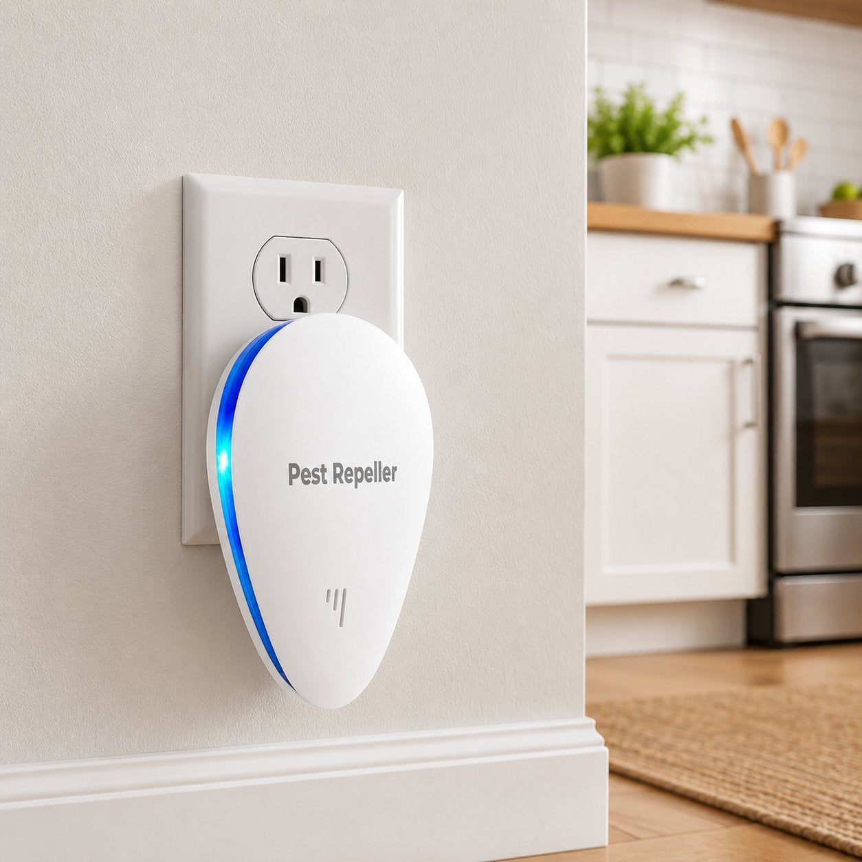 Pomence Pest Repeller plugged into a kitchen wall outlet