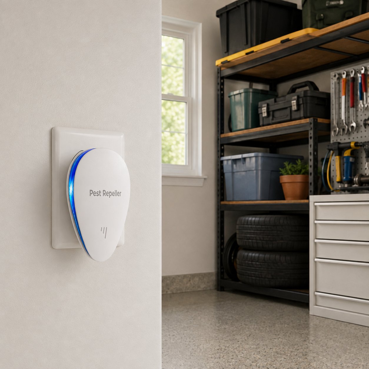 Pomence Pest Repeller plugged into a garage wall outlet
