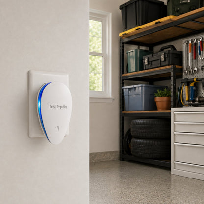 Pomence Pest Repeller plugged into a garage wall outlet